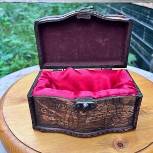Vintage Carved Wood Jewelry Box Small Brown Floral Ornate Brass Treasure Chest